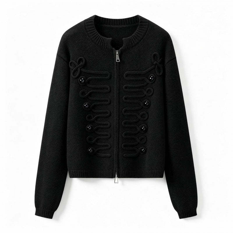 Women's short-cut knitted cardigan with decorative cord applications and two-way zipper Mune Fashion