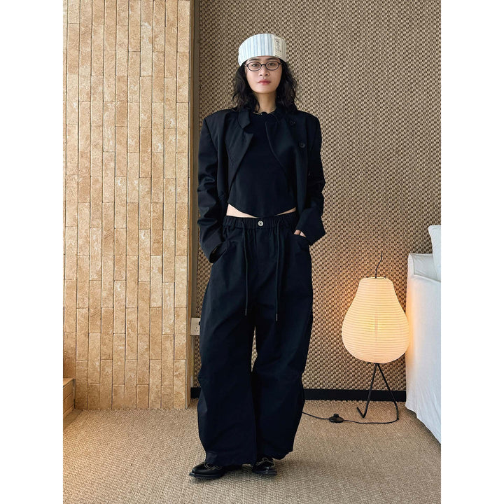 Women Wide High-Waist Cotton Pants with Drawstring and Cuffed Hem Mune Fashion