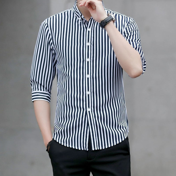 Men's Striped Button-Down Shirt with Kent Collar and Three-Quarter Sleeves in Tailored Casual Cut Mune Fashion