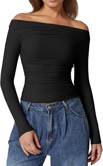 Women's Off-Shoulder Tailored Stretch Long Sleeve with Gathering and Figure-Hugging Silhouette Mune Fashion