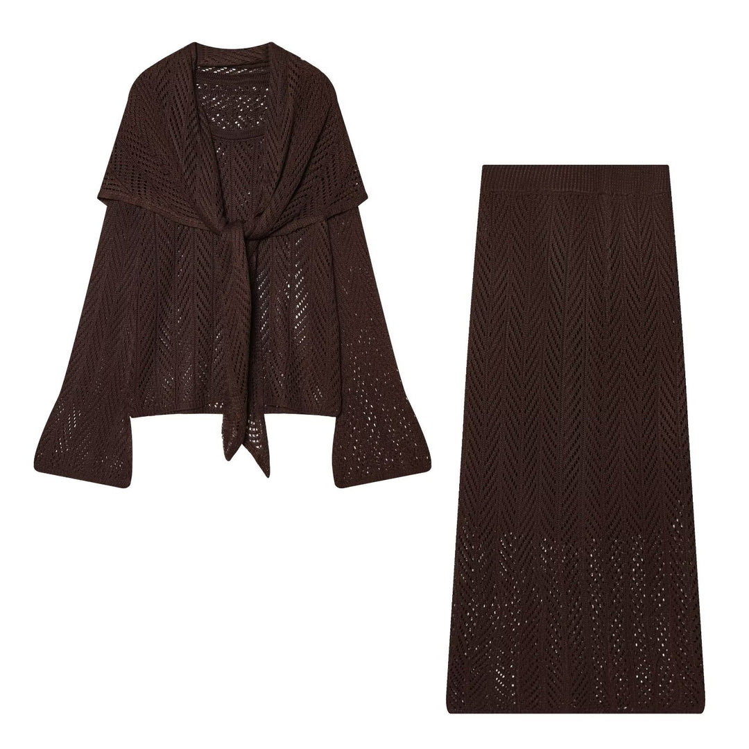 Women's Openwork Knit Set with Open Cardigan and Midi Skirt Mune Fashion