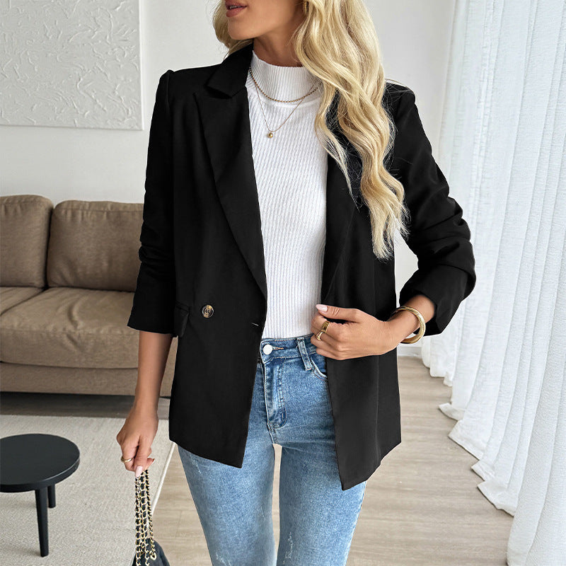 Women Figure-flattering Long Blazer with inset button, rolled sleeves and flap pockets Mune Fashion