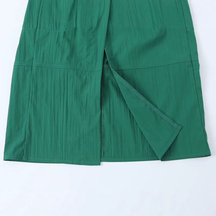 Ladies shirt blouse midi dress with V-neck, elastic waist and patch pockets Mune Fashion