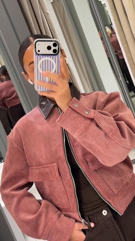 Women's Short Cord Jacket with Contrasting Leather Collar, Oversized Silhouette and Metal Zipper Mune Fashion