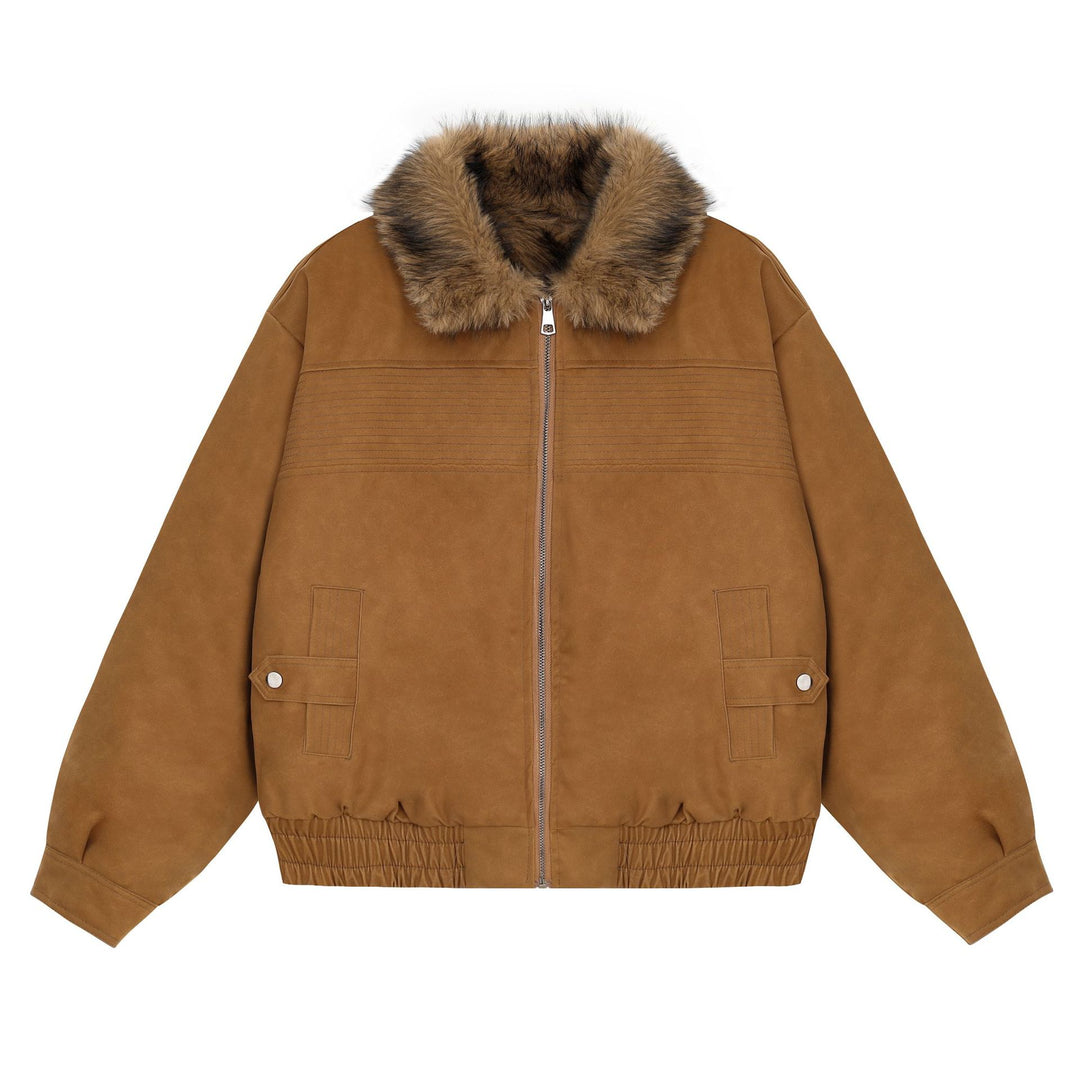 Women's Cropped Bomber Jacket with Faux Fur Collar, Zipper and Elastic Hem Mune Fashion