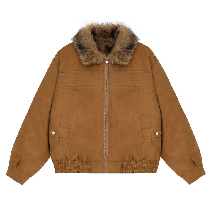 Women's Cropped Bomber Jacket with Faux Fur Collar, Zipper and Elastic Hem Mune Fashion