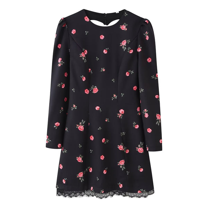 Women's A-line mini dress with long sleeves, floral pattern and lace trim Mune Fashion