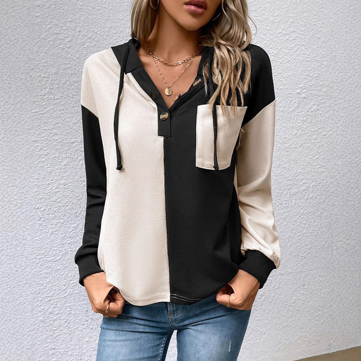 Women's waffle knit hoodie with henley buttons, chest pocket, and hood Mune Fashion