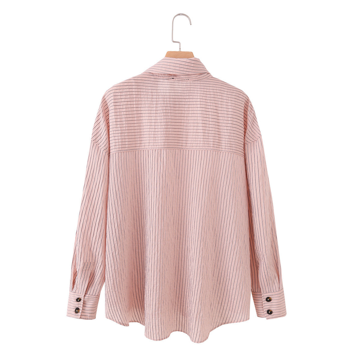 Women's Oversize Blouse with Stand-Up Collar, Fine Pinstripes and Continuous Button Placket Mune Fashion