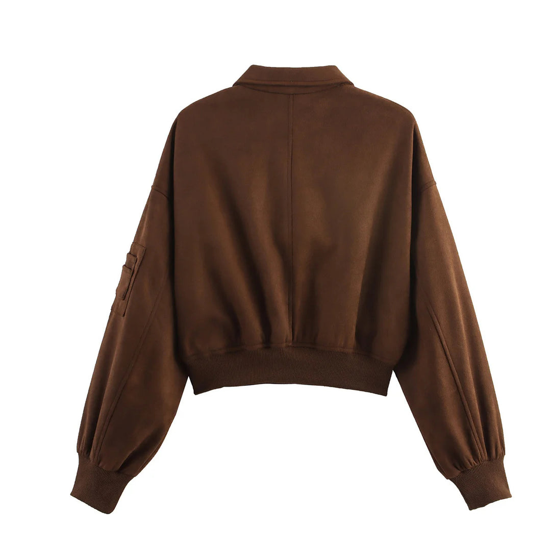 Women's cropped bomber jacket in velour look with zipper, sleeve pockets, and ribbed hem Mune Fashion