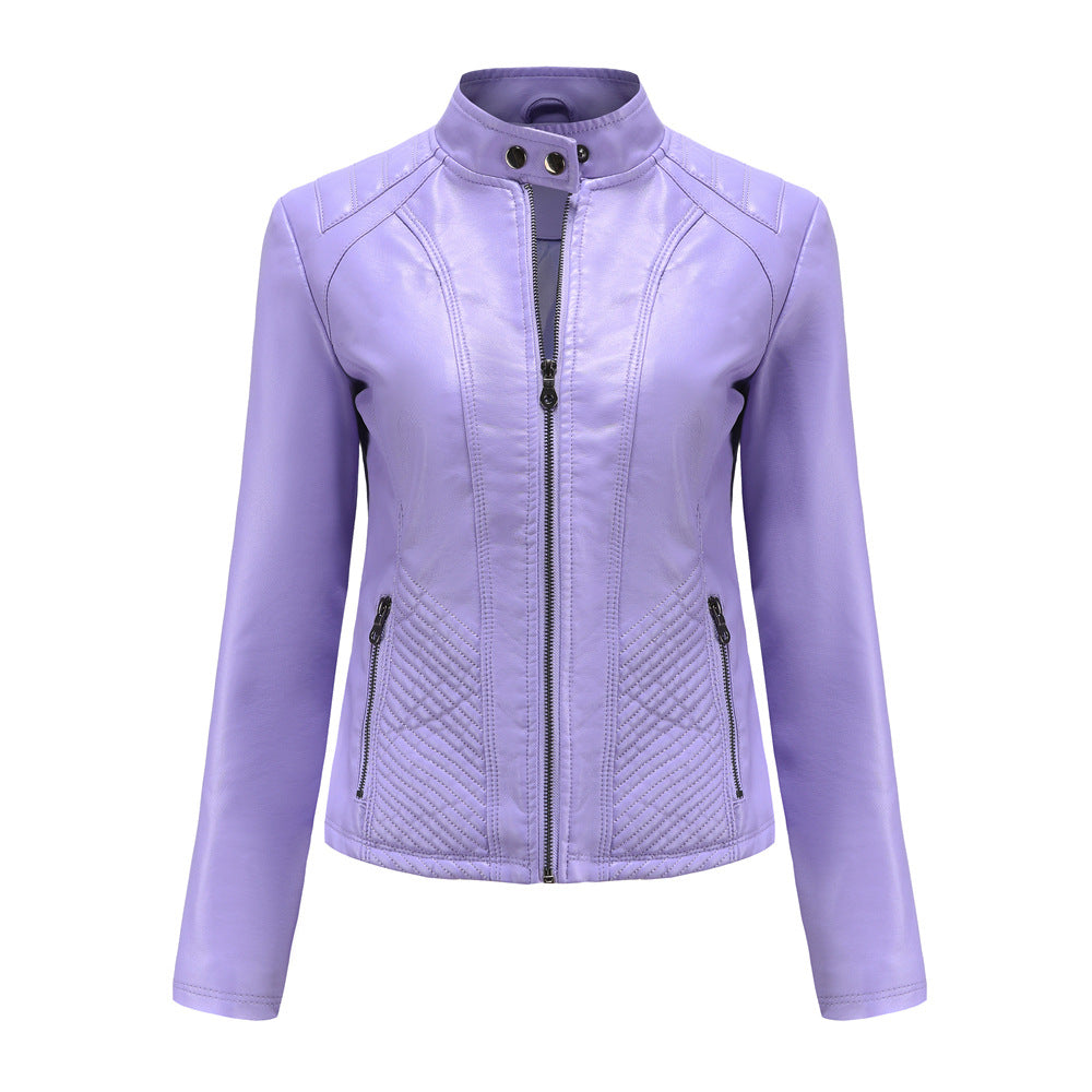 Women's fitted biker faux leather jacket with stand collar and quilted side panel Mune Fashion