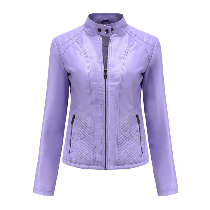 Women's fitted faux leather jacket in biker style with standing collar and quilted side panels Mune Fashion