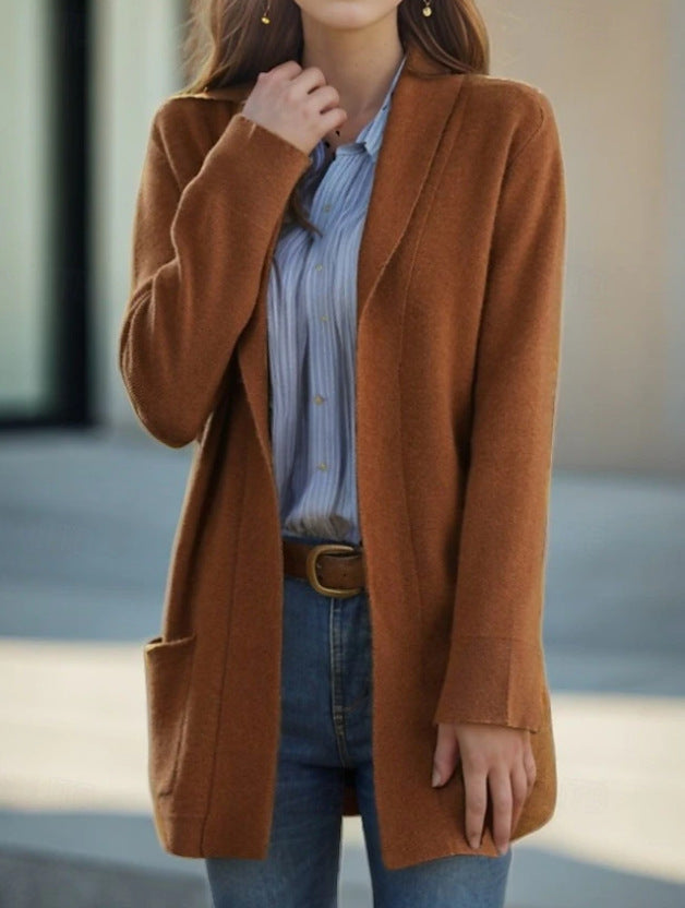 Women's Open Long Cardigan made of Soft Knit with Applied Pockets Drune