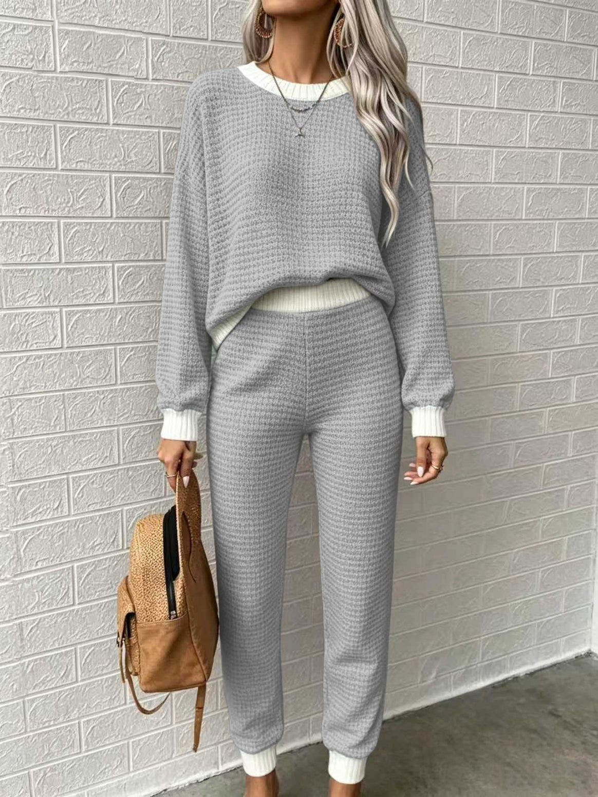 Women Comfortable Waffle Knit Lounge Set with Ribbed Cuffs Mune Fashion
