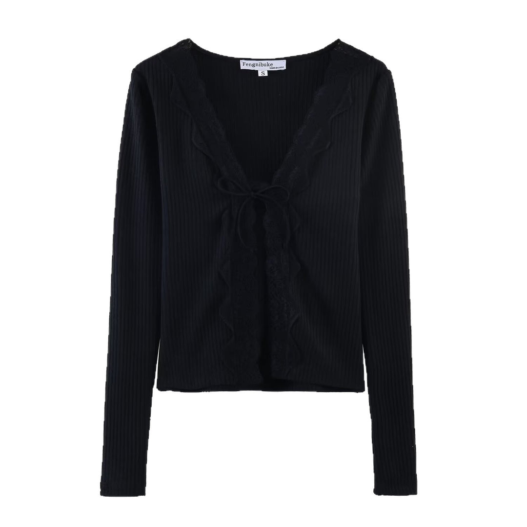 Women Ribbed Cropped Long Sleeve Top with Lace V-Neck and Tie Mune Fashion