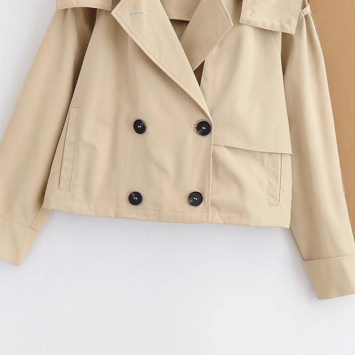 Women 10+ short-cut trench blouson with double-breasted button placket and shoulder patch Mune Fashion