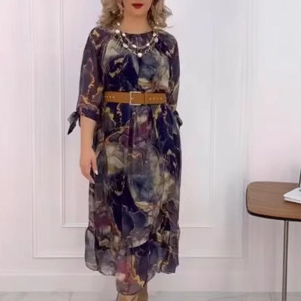 Ladies Elegant Chiffon Maxi Dress with Floral Trim, Tiered Skirt and 3/4 Sleeves Mune Fashion