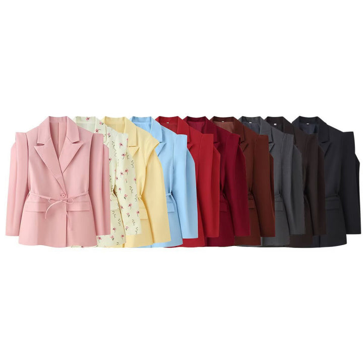Women Tailored Blazer with Delicate Tie Waist, Emphasized Shoulder Area and Flap Pockets Mune Fashion