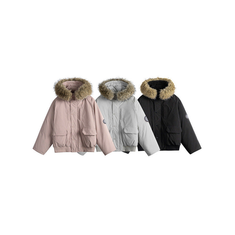Women's short bomber jacket with thermal padding, hood with removable faux fur and utility pockets Mune Fashion