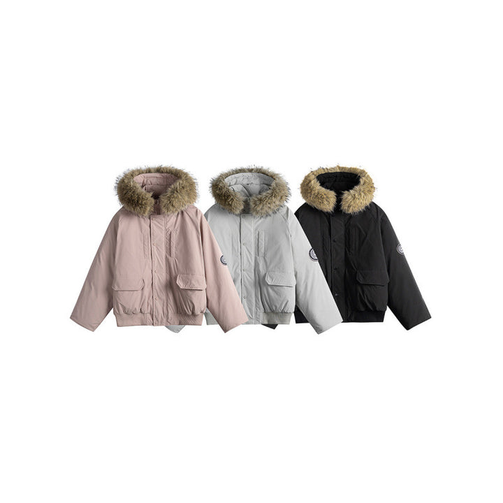 Women's short bomber jacket with thermal padding, hood with removable faux fur and utility pockets Mune Fashion