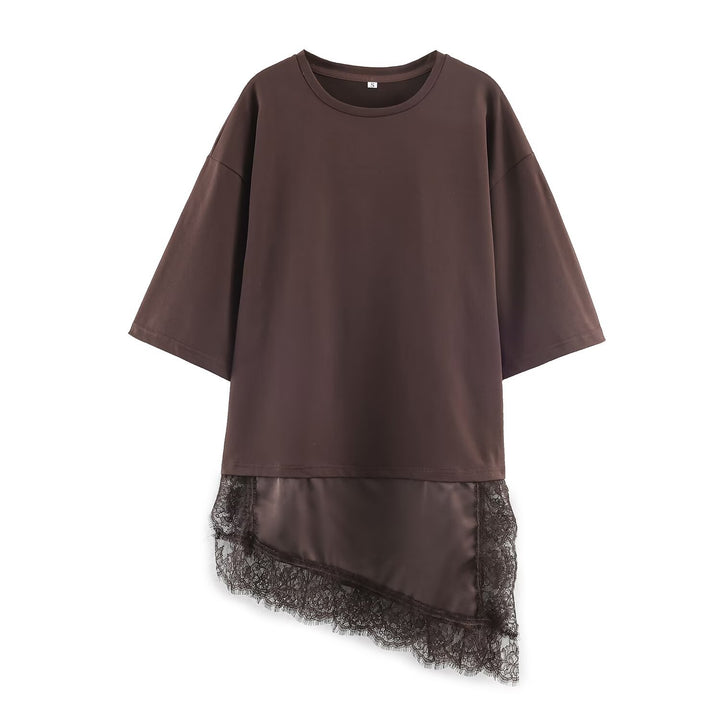 Women 20+ Oversized Boxy Longshirt with asymmetrical lace hem Mune Fashion