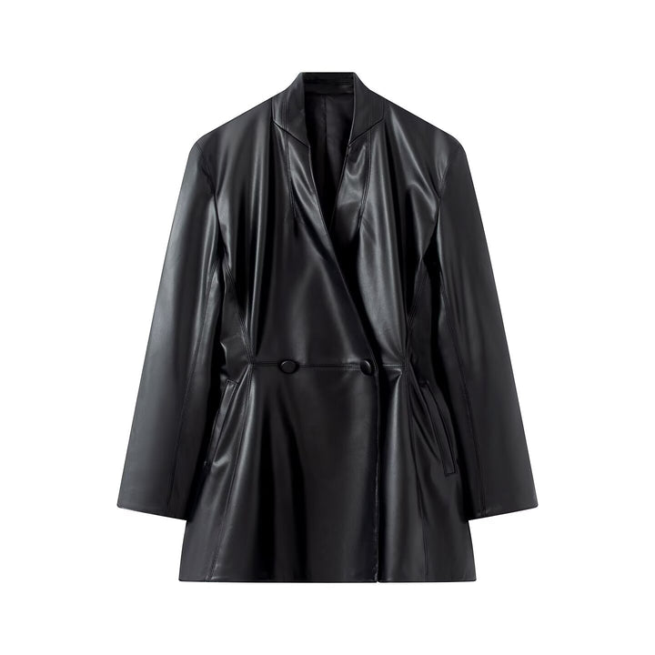 Women's Tailored Faux Leather Coat with Shawl Collar and Concealed Button Placket Mune Fashion