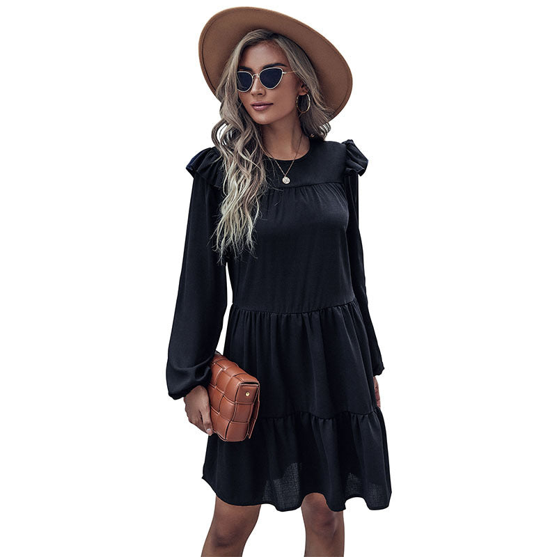 Ladies A-line tiered dress with long sleeves and delicate frills Mune Fashion