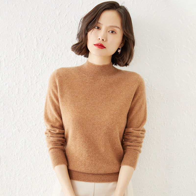 Women Luxurious Cashmere Fine Knit Sweater with Standing Collar Mune Fashion