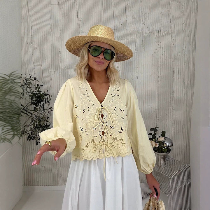 Women's Light Embroidery Anglaise Lace Blouse with V-Neck, Ties and Balloon Sleeves Mune Fashion