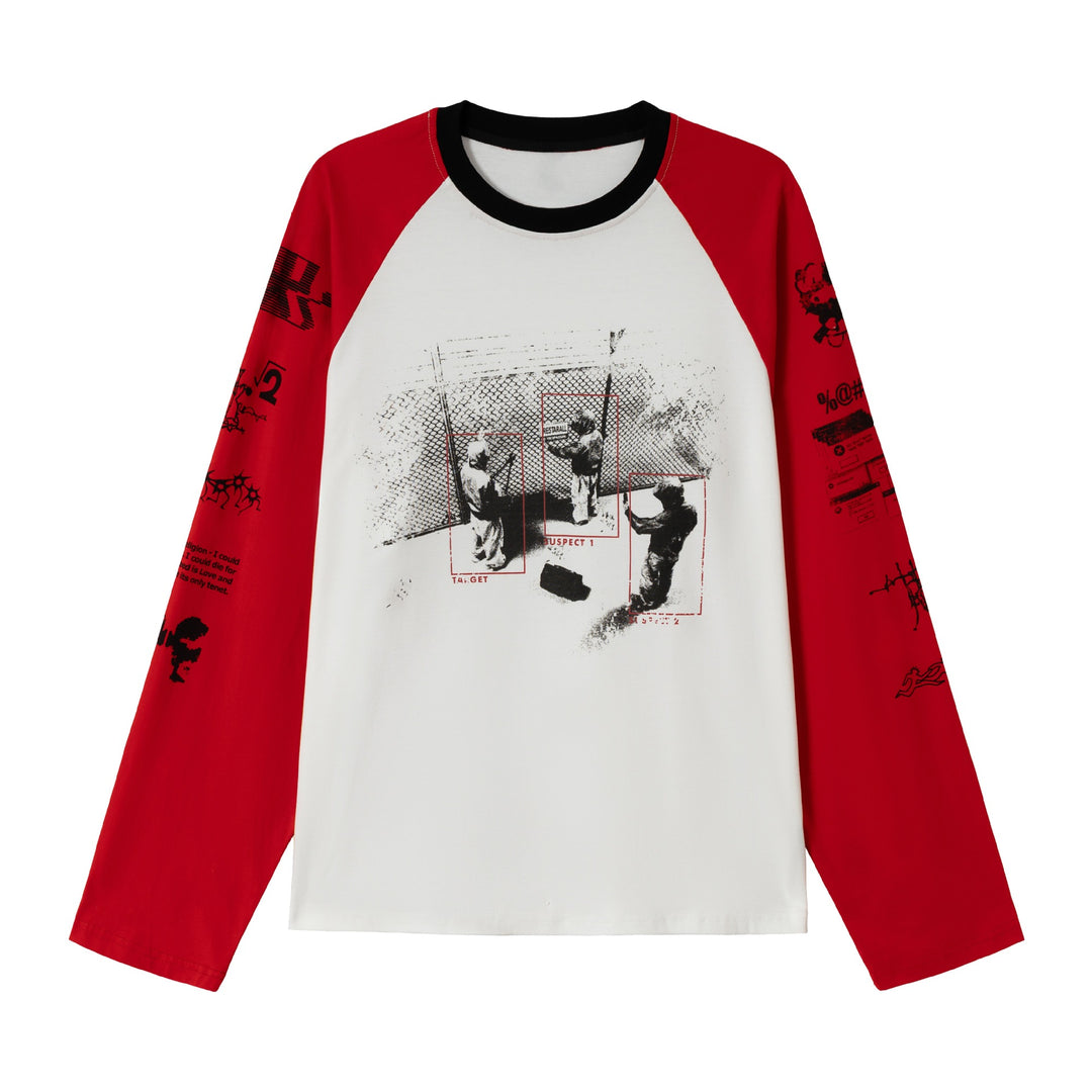 Unisex Long Sleeve Raglan Shirt with Graphic Print and Contrasting Crew Neck Mune Fashion