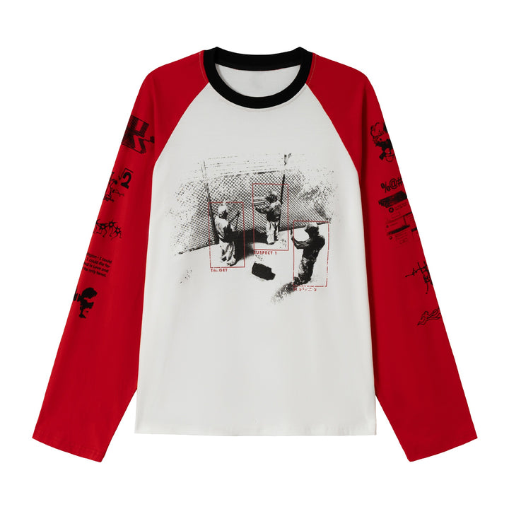 Unisex Long Sleeve Raglan Shirt with Graphic Print and Contrasting Crew Neck Mune Fashion