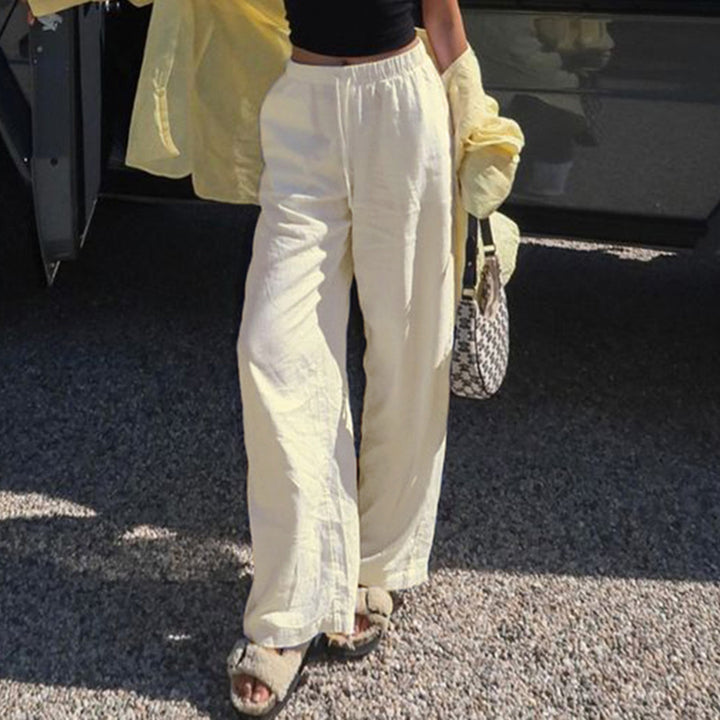 Ladies Lightweight Linen Trousers with Wide Leg, Elastic Waistband and Drawstring Mune Fashion