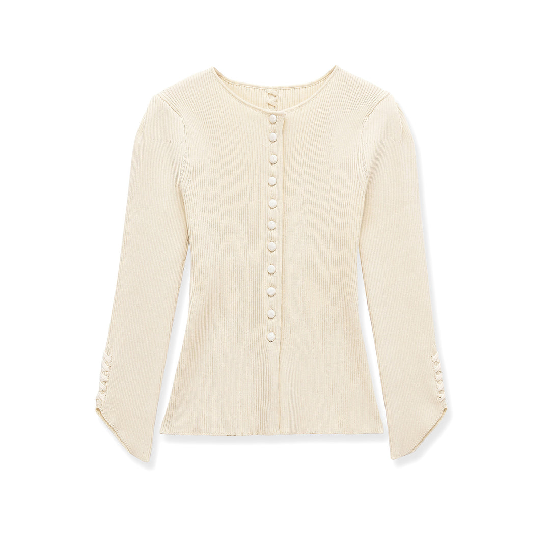 Women's fine knit cardigan with full button placket, tailored ribbed structure, and curved hem Mune Fashion