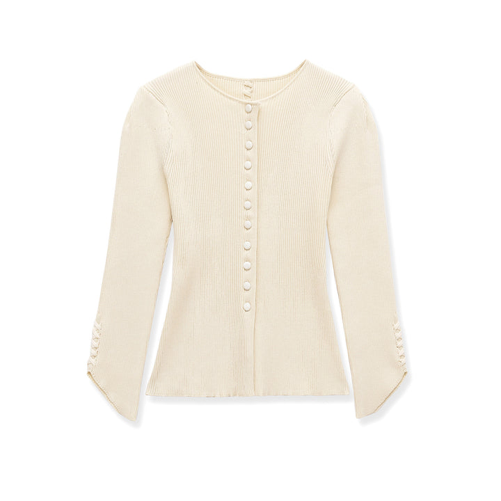 Women's fine knit cardigan with full button placket, tailored ribbed structure, and curved hem Mune Fashion