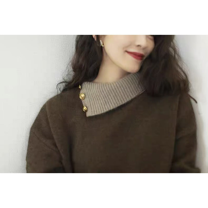 Women's Short-Cut Sweater with Asymmetrical Button Mock Neck and Balloon Sleeves Mune Fashion