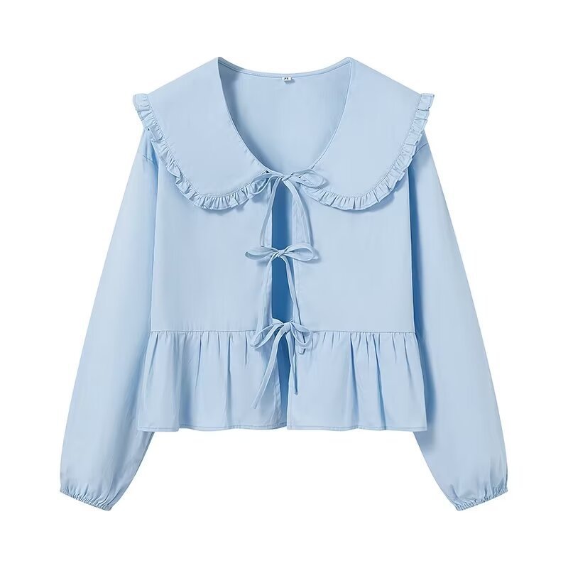 Women's Ruffled Cropped Blouse with Oversized Collar, Ties and Fitted Peplum Mune Fashion