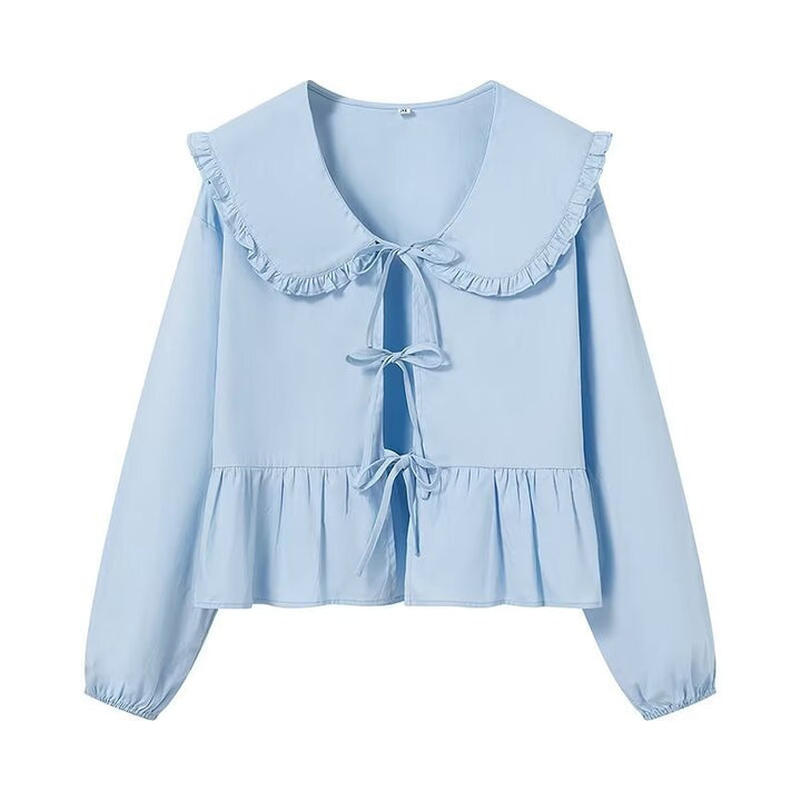 Women's Ruffled Cropped Blouse with Oversized Collar, Ties and Fitted Peplum Mune Fashion