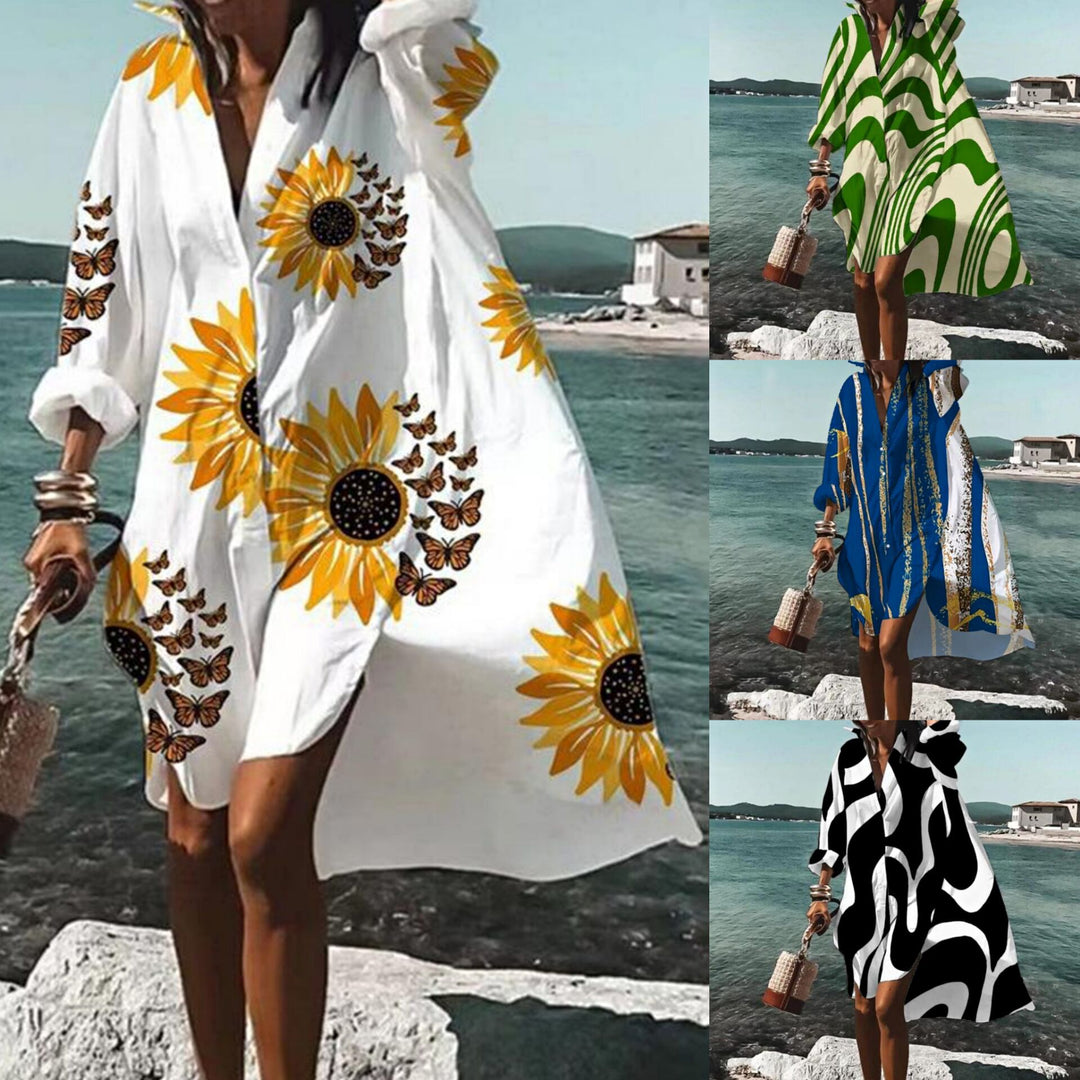 Women's airy beach dress kaftan with tropical leaf print and wide cut Mune Fashion