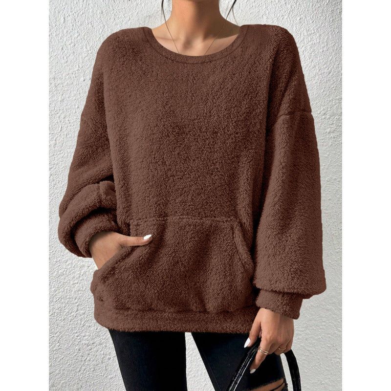 Ladies Cozy Oversized Sherpa Sweater with Kangaroo Pocket and Balloon Sleeves Mune Fashion