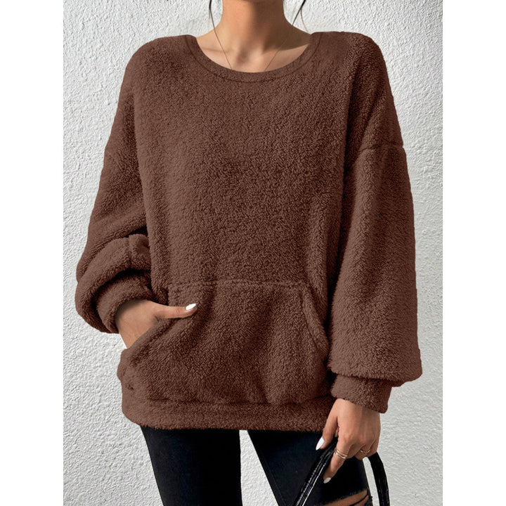 Ladies Cozy Oversized Sherpa Sweater with Kangaroo Pocket and Balloon Sleeves Mune Fashion