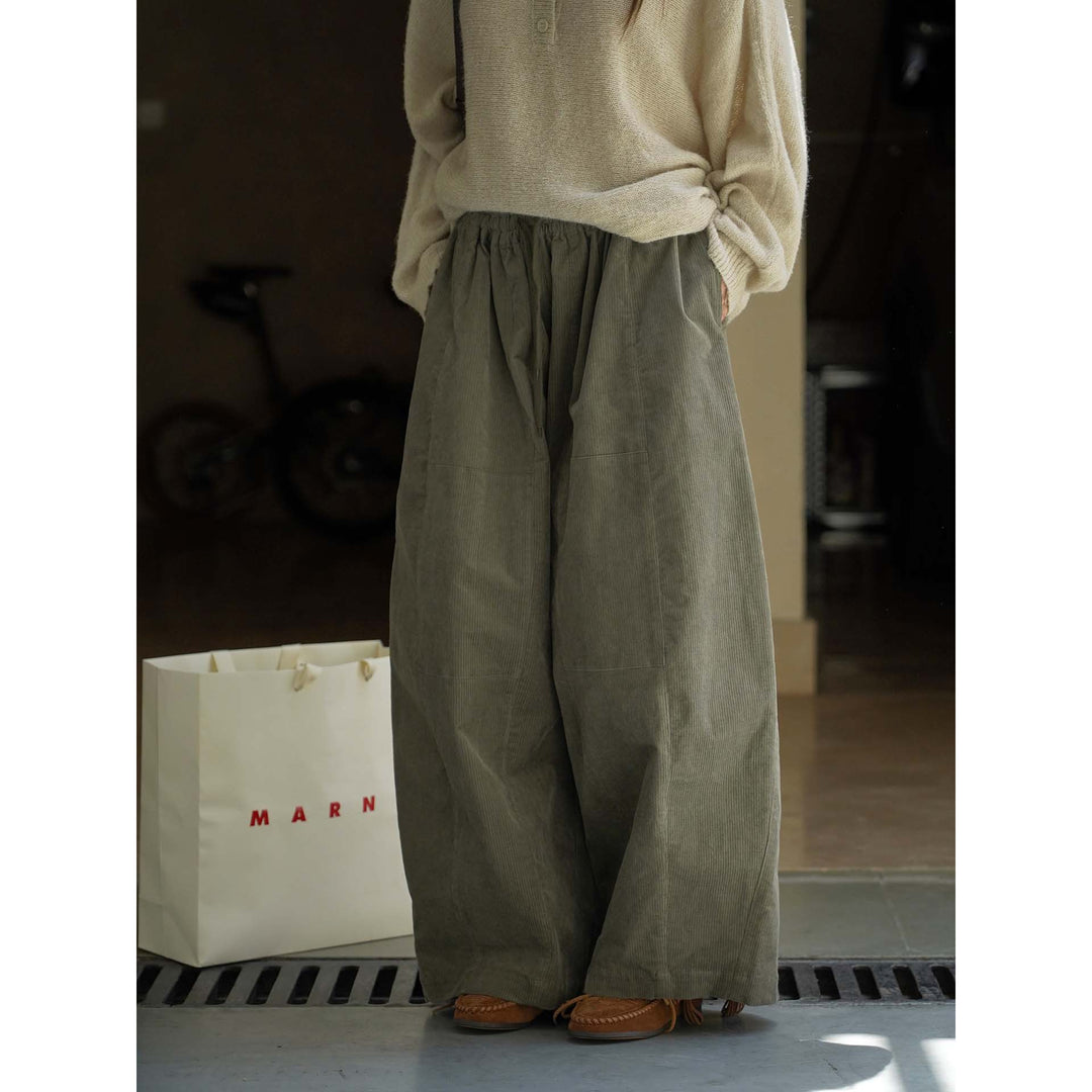 Women Loose Fit Corduroy Balloon Pants with Drawstring Waist and Large Front Pockets