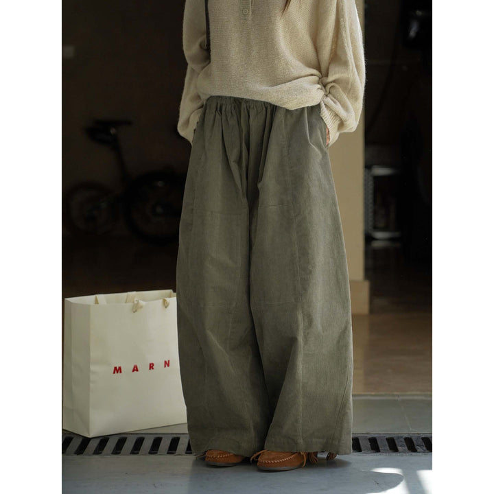 Women Loose Fit Corduroy Balloon Pants with Drawstring Waist and Large Front Pockets