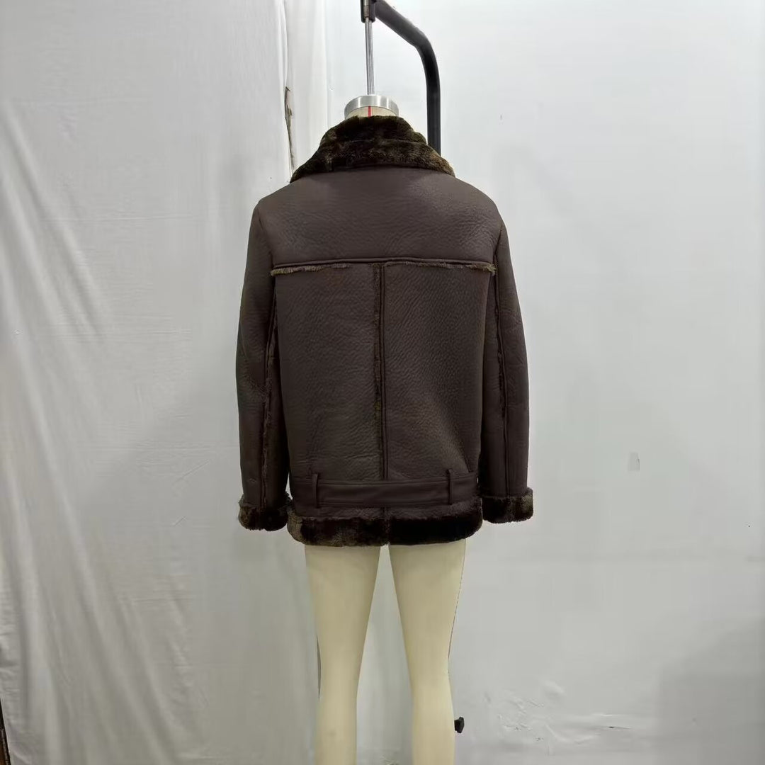 Women's tailored biker jacket in aviator look with faux fur lining, asymmetric zipper and waist belt Mune Fashion