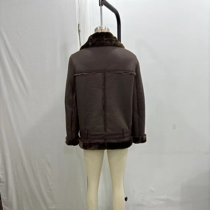 Women's tailored biker jacket in aviator look with faux fur lining, asymmetric zipper and waist belt Mune Fashion