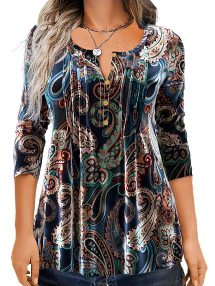 Women Paisley Tunic with 3/4 Sleeves, Pleats and Button Placket Mune Fashion