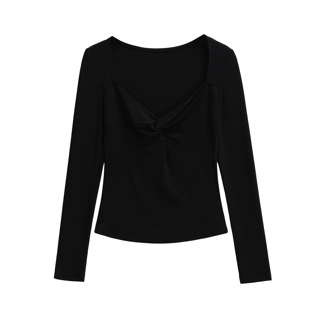 Women's Long Sleeve Shirt with Twist Knot Detail, Shaping Bust Part and Wide Neckline Mune Fashion