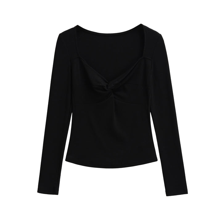 Women's Long Sleeve Shirt with Twist Knot Detail, Shaping Bust Part and Wide Neckline Mune Fashion
