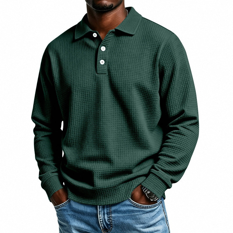 Men's Long Sleeve Polo Shirt with Waffle Structure and Cotton Blend Mune Fashion