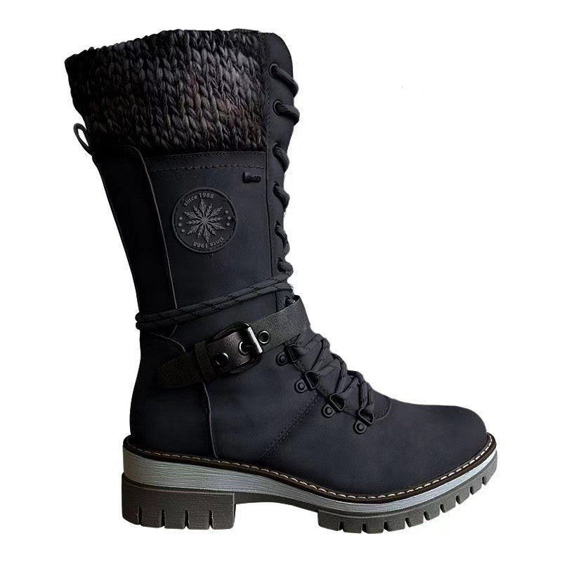 Women nan padded lace-up boots with knitted shaft, decorative buckle strap, and patterned rubber sole Mune Fashion