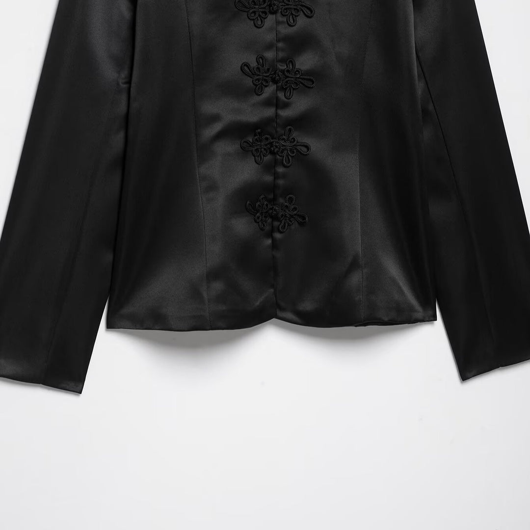 Women's satin jacket in Chinese style with stand-up collar and decorative knot closures Mune Fashion